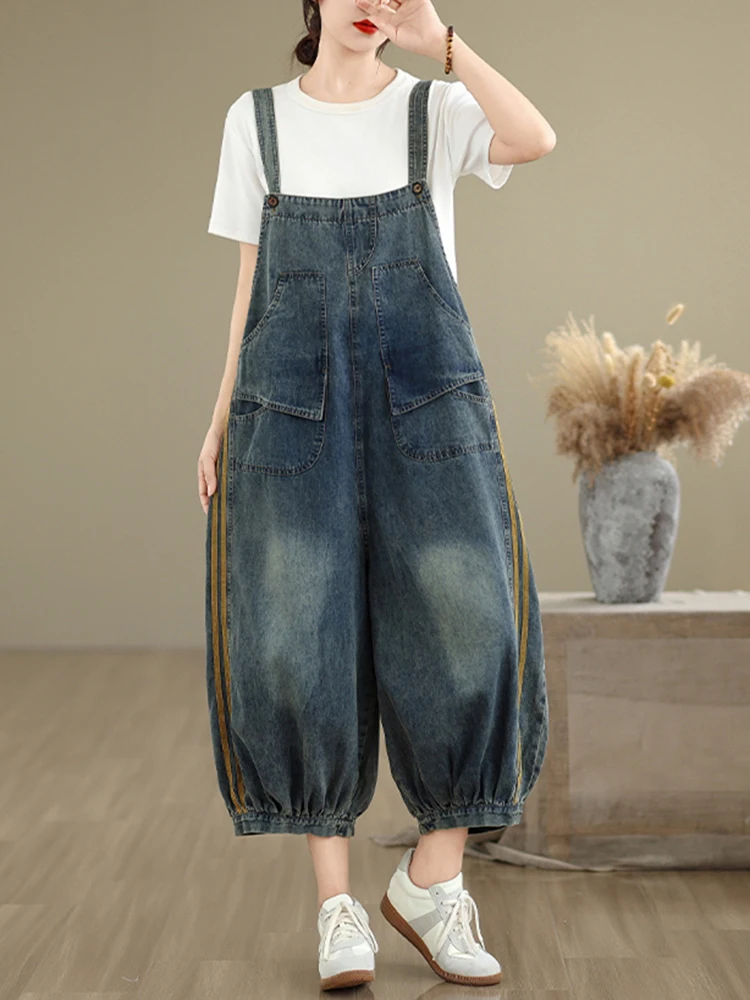 

Свободные широкие джинсовые комбинезоны для женщин, большие размеры, джинсовые комбинезоны, женские полосатые лоскутные новые мешковатые брюки-карго на бретелях