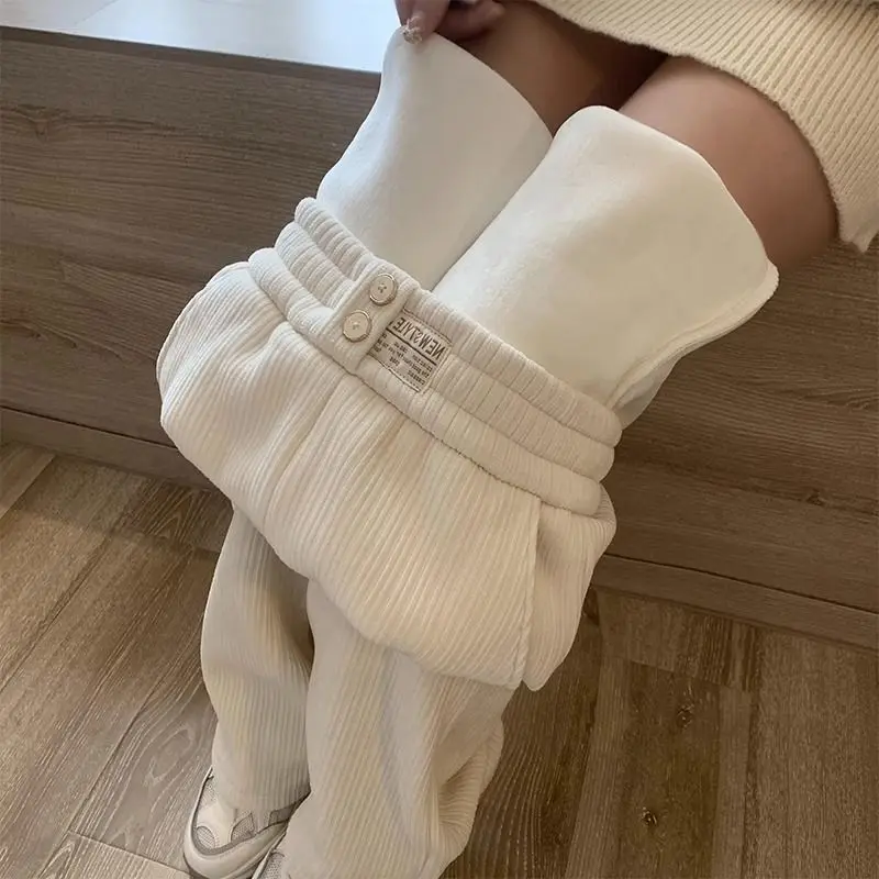 Fall Winter Fleece Lined Wide Leg Pants Women‘s High Waisted Solid Color Warm Thickened Loose Fit Casual Straight Leg Trousers