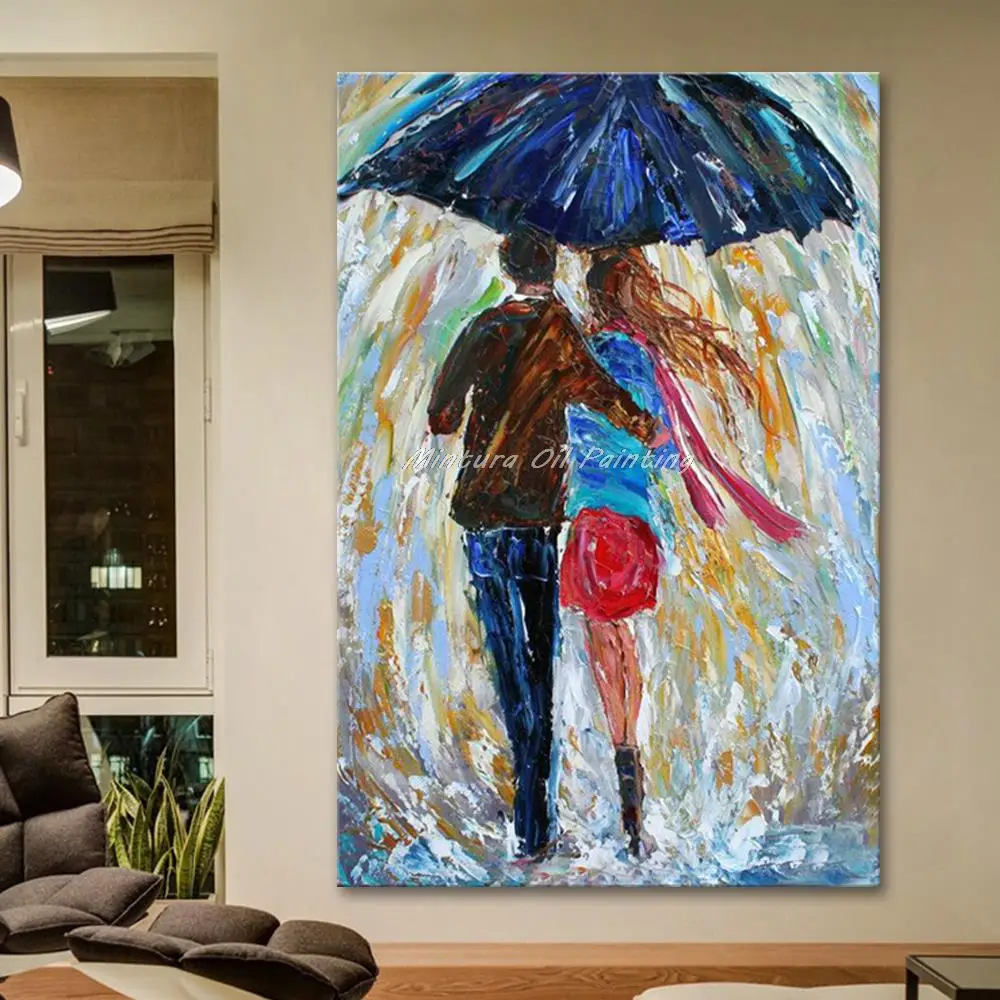 Handpainted Thick Texture Lovers In The Rain Oil Painting On Canvas,Modern Abstract Figure Wall Art,Pictures For,Home Decoration