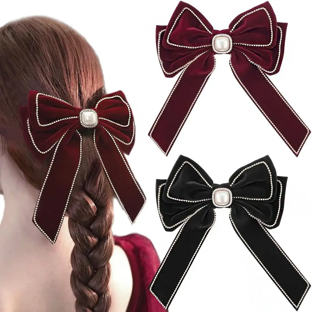 

Headdress Cloth Red Velvet Bow Hair Clip Rhinestone Wine Red Bowknot Spring Clip Pearl Korean Style New Year Hairpin Girls