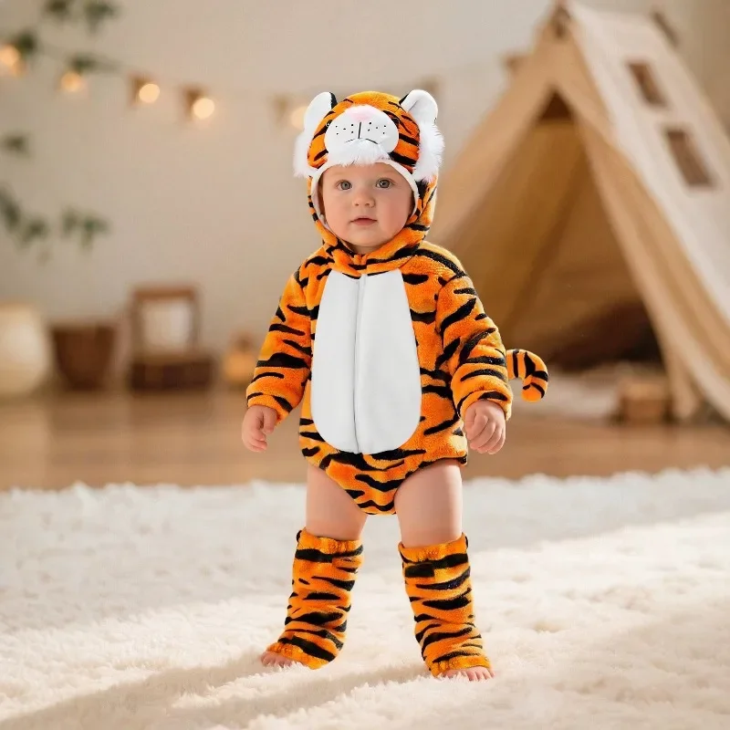 Newborn Baby Tiger Romper Hooded Bodysuit Animal Costume Jumpsuit Onesie Toddler Warm Plush Fleece Winter Playsuit