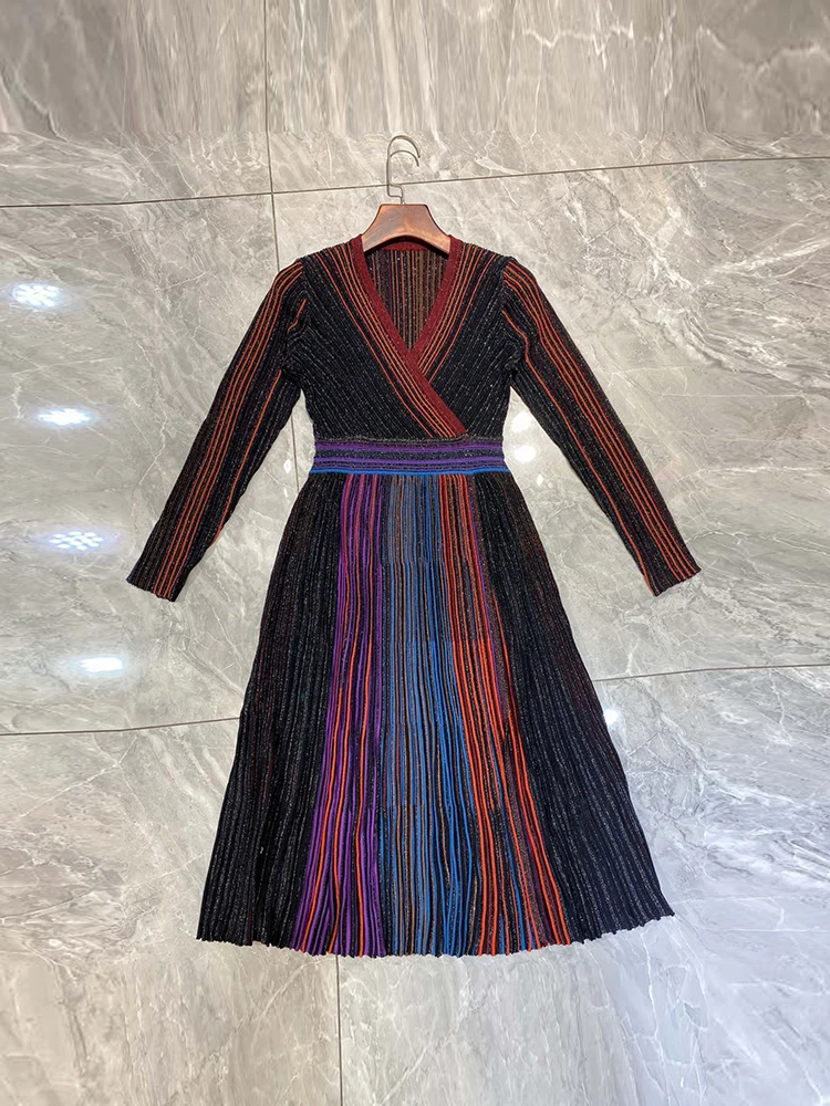 Spring  Fashion Vintage Striped Silver Thread Knitting Long Dress Women's Deep V-Neck High Waist Slim High Slit A-Line Dresses