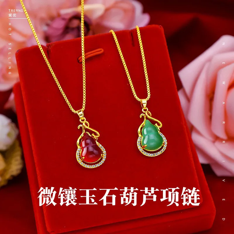 

9999 Real Gold 24K Vintage Jade Micro-inlaid Gourd Collarbone Chain Ethnic Style Gourd Collarbone Necklace Female