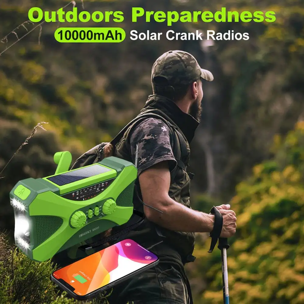Weather Radio LED Flashlight Camping Survival Radio Dual Speaker Rechargeable Weather Radio for Home Outdoor