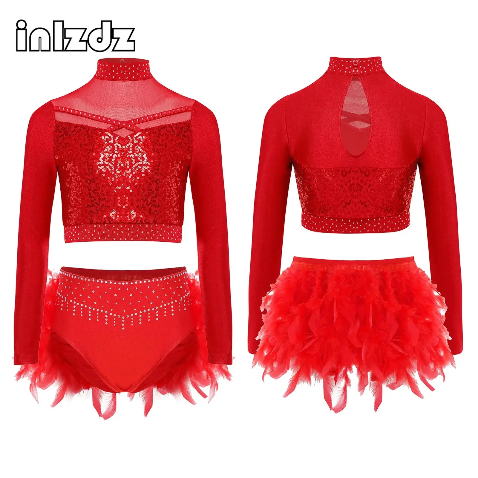 

Kids Girls Skating Gymnastics Ballet Dance Performance Outfit Long Sleeve Sequins Mesh Crop Top+Feather Bottoms 2-piece Sets