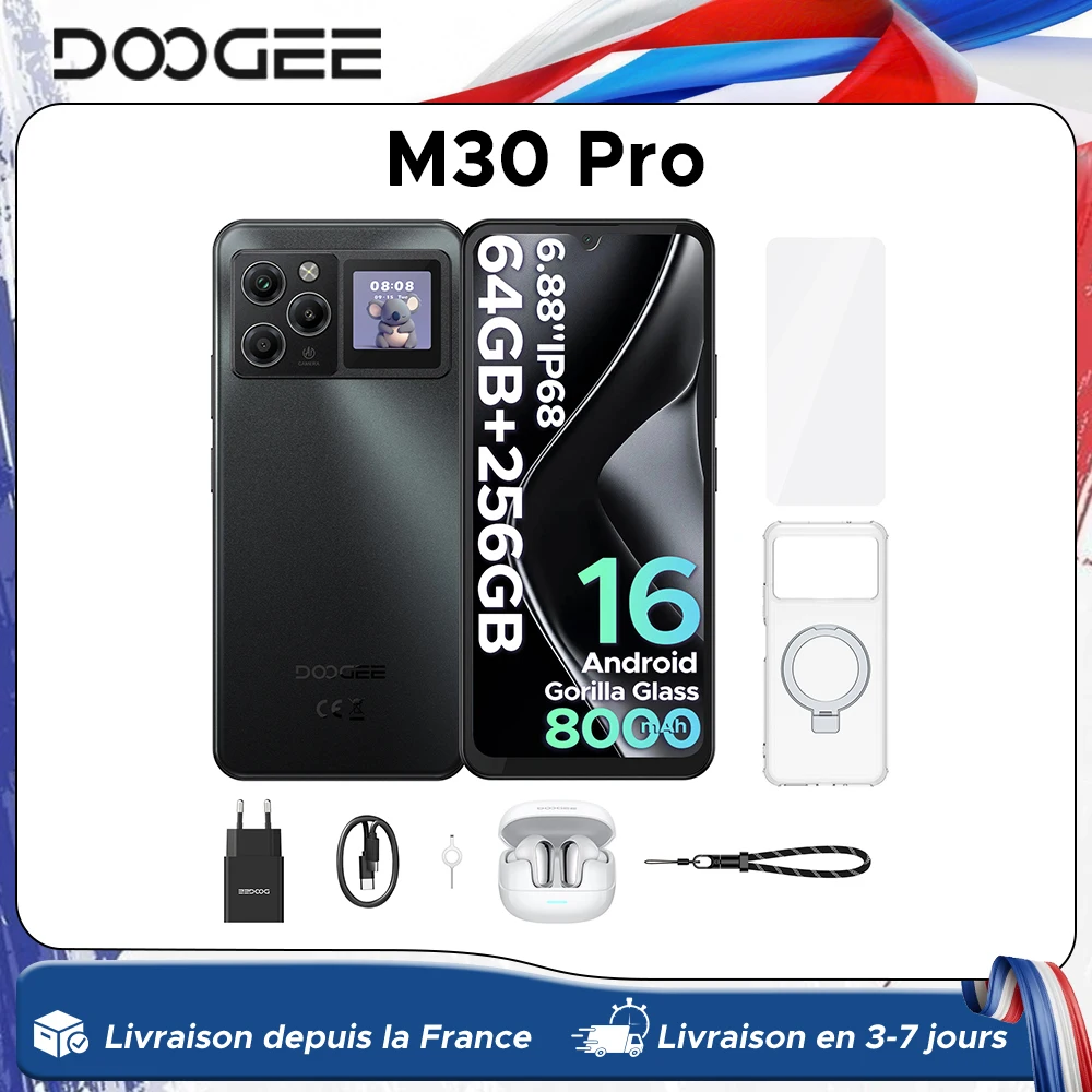 DOOGEE M30 Pro Smartphone 6,88-Zoll-Display 8000mAh Akku 1,3-Zoll-Rückdisplay 64GB(8+56) 256GB 64MP Kamera Android 16 Mobiltelefon