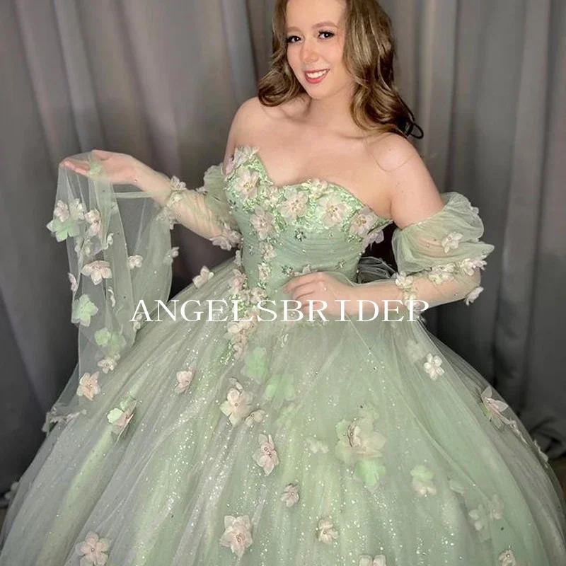 Angelsbride Salie Groene Kralen 3d Appliques Strik Sweet 16 Jurk Vestido De 15 Quinceañera Baljurk Quinnceanera Jurken