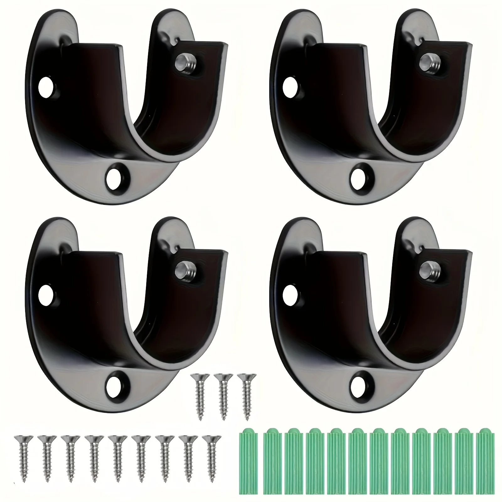 6-piece stainless steel U-shaped clothes rod bracket with expansion screw (random color), black, suitable for clothes rod socket