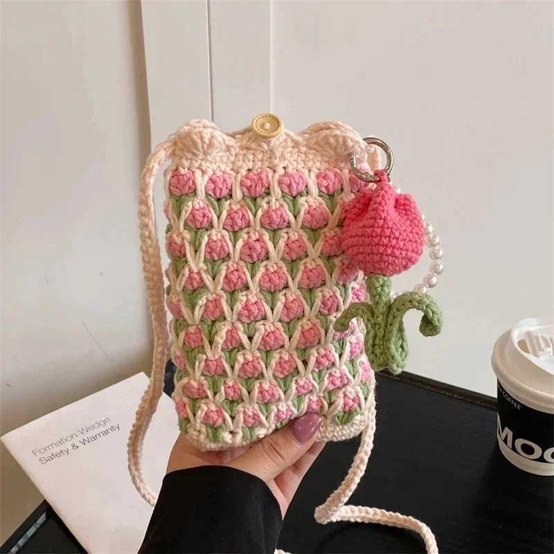 Handmade Backpacks Crochet Tulip Crossbody Bag Pink Knitted Phone Bag Mini Shoulder Purse For Women Birthday Tote Bag Gift New