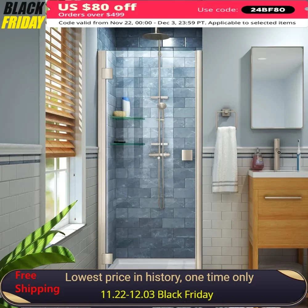 Shower Door,34-35 in. W By 72 in. H Semi-Frameless Hinged Shower Door in Brushed Nickel, Shower Door