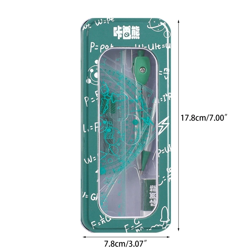 8 Pieces Math Geometry Kit with Protractor Compass Ruler Eraser Packing in Metal Box Architects Drawing Kit for Students