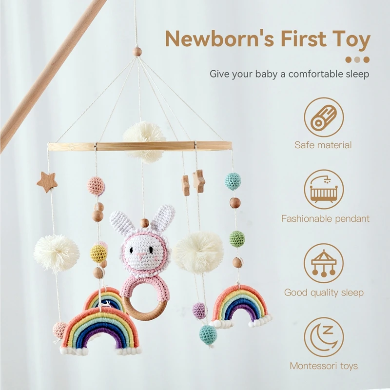 Il campanello da letto arcobaleno per animali Montessori presenta un anello arcobaleno sfumato sognante con campanelli che suonano di piccoli animali appesi