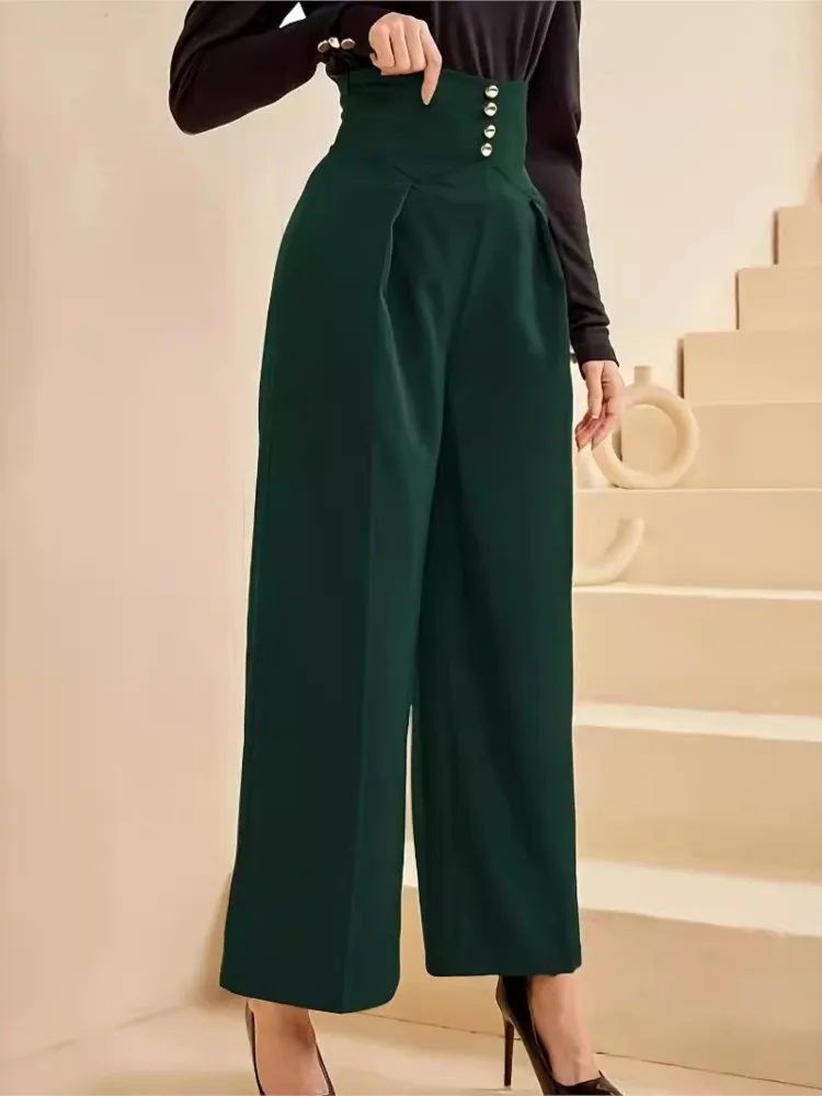 Plus Size High Waist Spring Summer Long Wide Leg Pant Women Casual Loose Pleated Fashion Ladies Trousers New Green Woman Pants