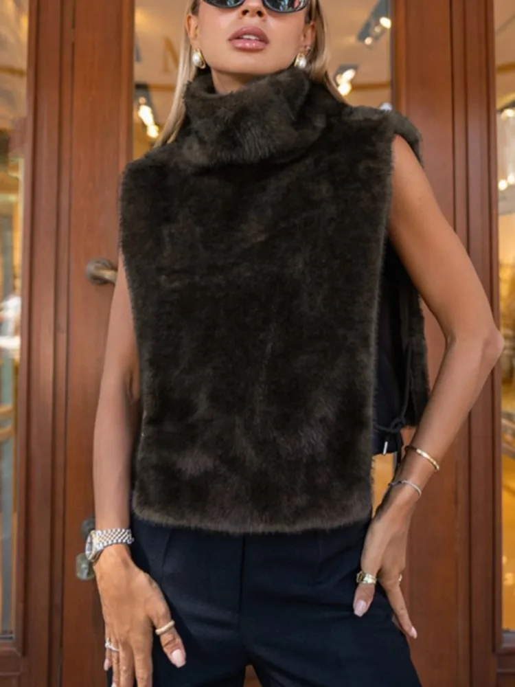 

Новый осенне-зимний повседневный женский однотонный водолазка из искусственного меха, элегантные женские теплые укороченные топы без рукавов, модные куртки-пальто