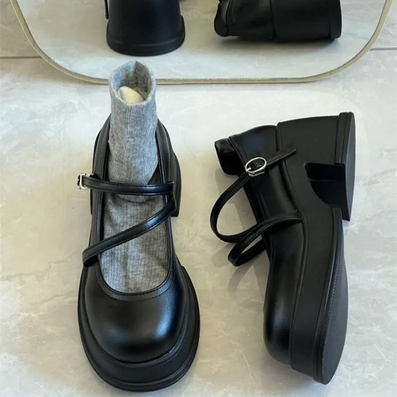 Damen Mary Jane Schuhe, Plateau-Loafer, runde Zehenpartie, Schnalle, Freizeitschuhe, bequeme schwarze Damenschuhe, Outdoor-Pumps aus PU-Leder
