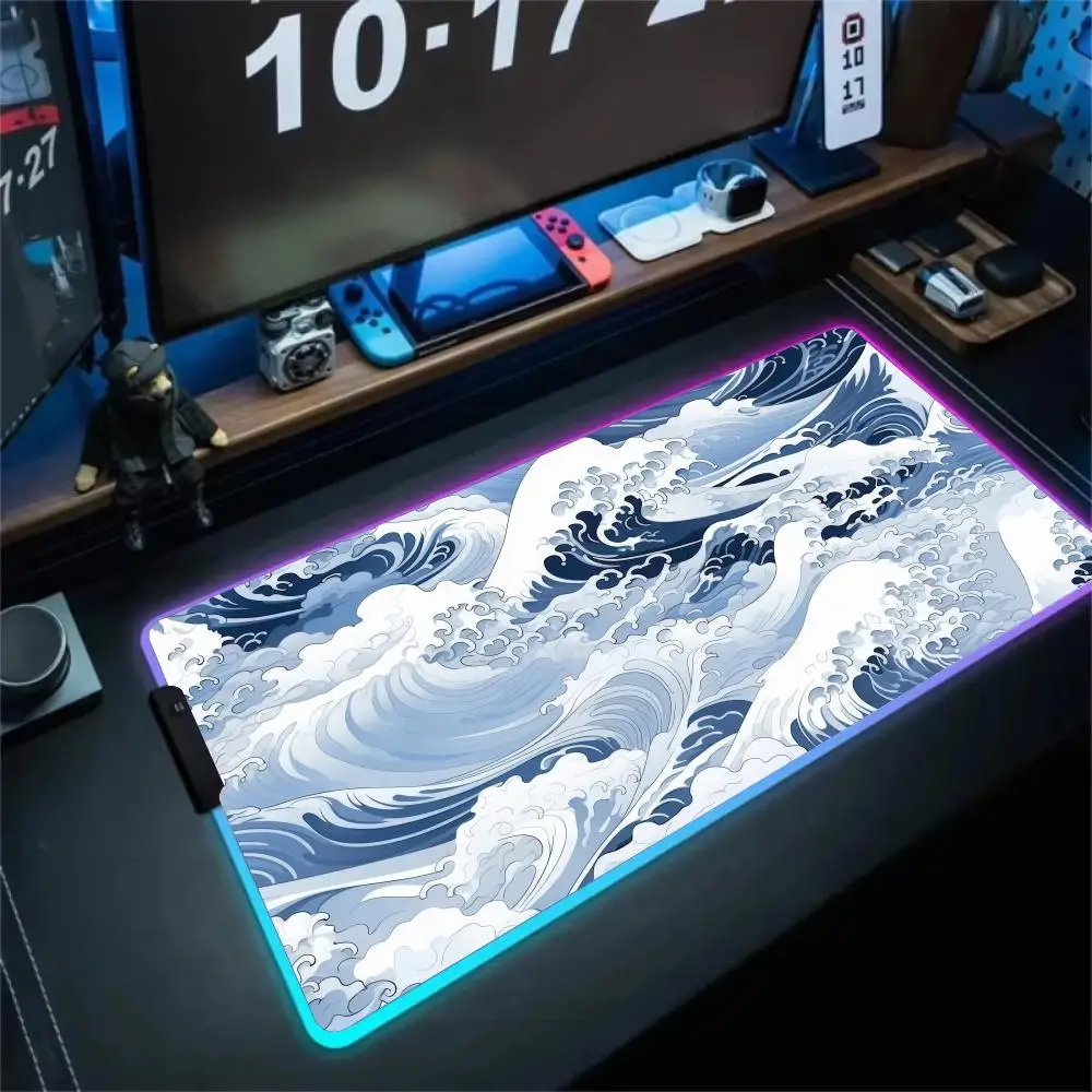 

RGB Mouse pad Ukiyo-e wave design LED glow gaming mat rubber anti-slip Desk Mat gamer pc accessories Gaming keypad mousepad