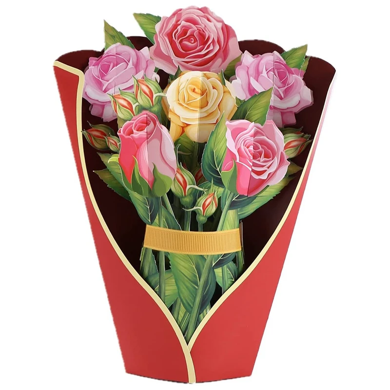 3D Paper Popup Cartões, Rose Flower Bouquet, Adequado para a Mãe, Dia das Mães, Todas as Ocasiões