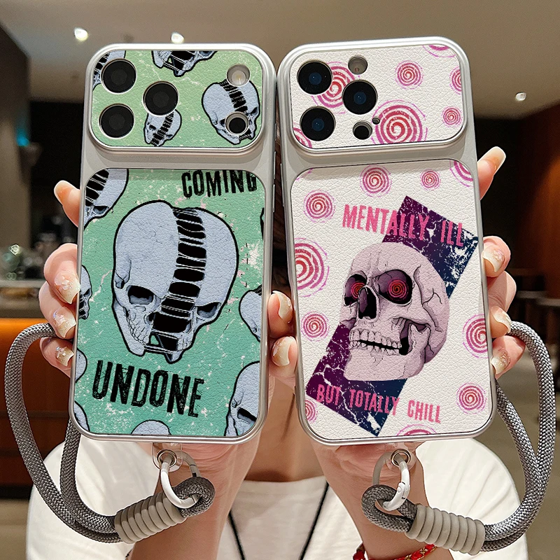 Leather Texture Phone Case For iPhone 17 Pro 16 15 14 13 Pro Max Skeleton Skull Pattern Wrist Strap Lanyard Soft TPU Matte Cover view 2