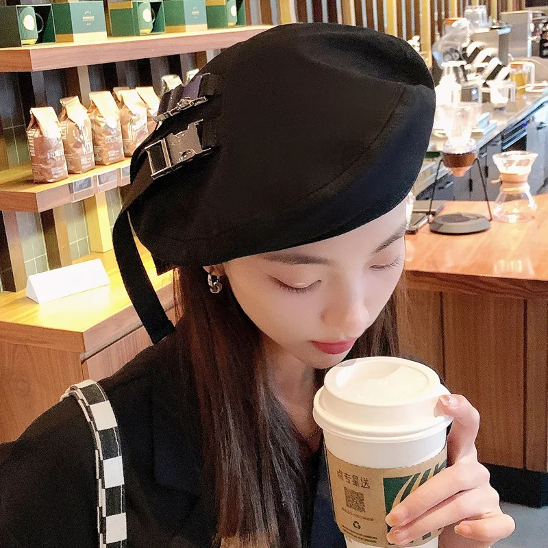 Korean Spring Autumn Hat Women's Japanese-Style and Internet-Famous Ins Double Strap Beret Fashion Personalized Minori