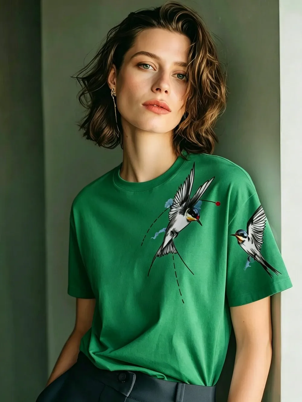 Flying Swallows Prints Baumwoll-T-Shirts für Damen, Sommer-Kurzarm-T-Shirts, O-Ausschnitt, weiche, übergroße Oberteile, einfache, bequeme Kleidung – Detail 23