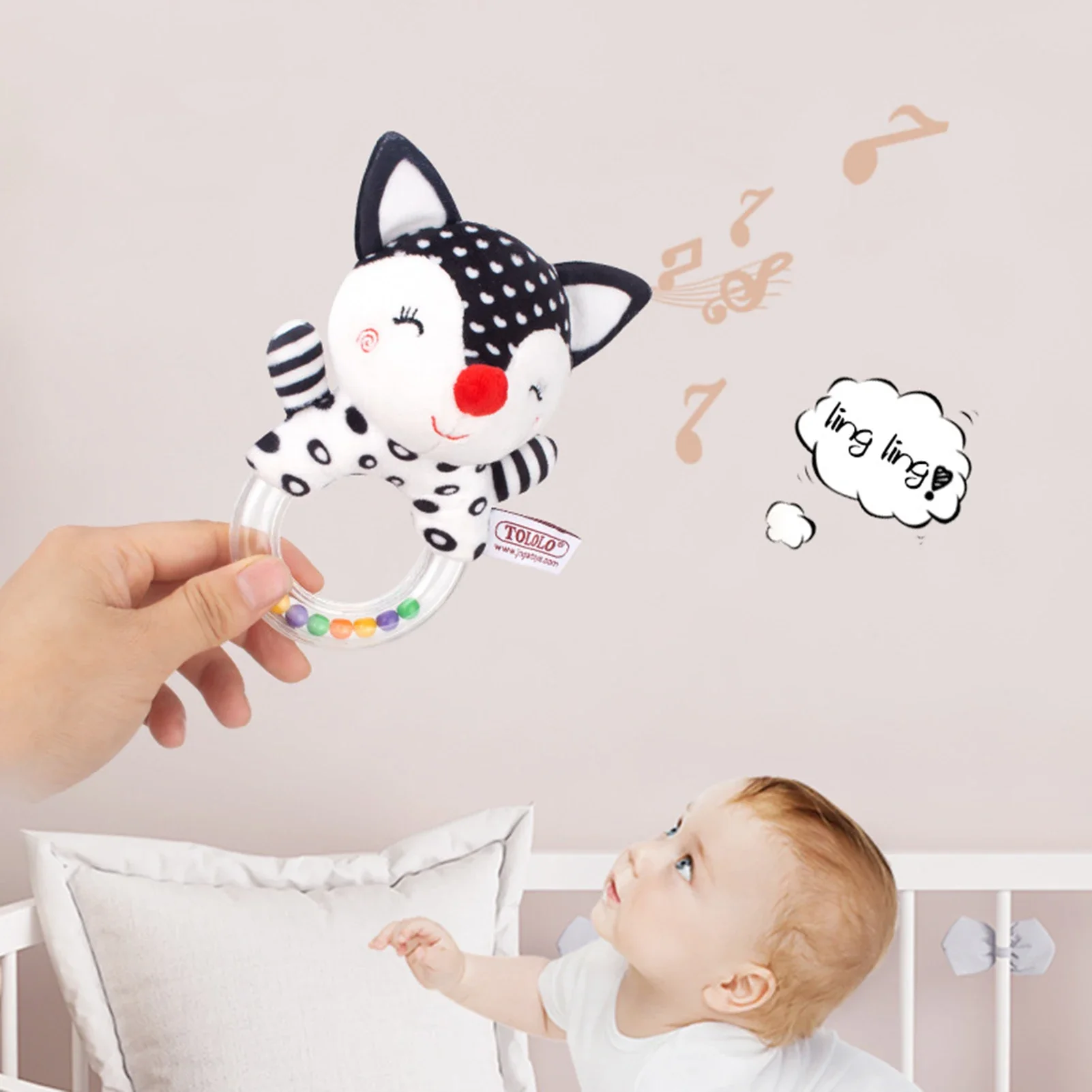 Baby Plush Rattle Toy Soft Stuffed Animal Rattle With Sound Black White Shaker Ring Toys Developmental Hand Grip Toys 0 12 Month