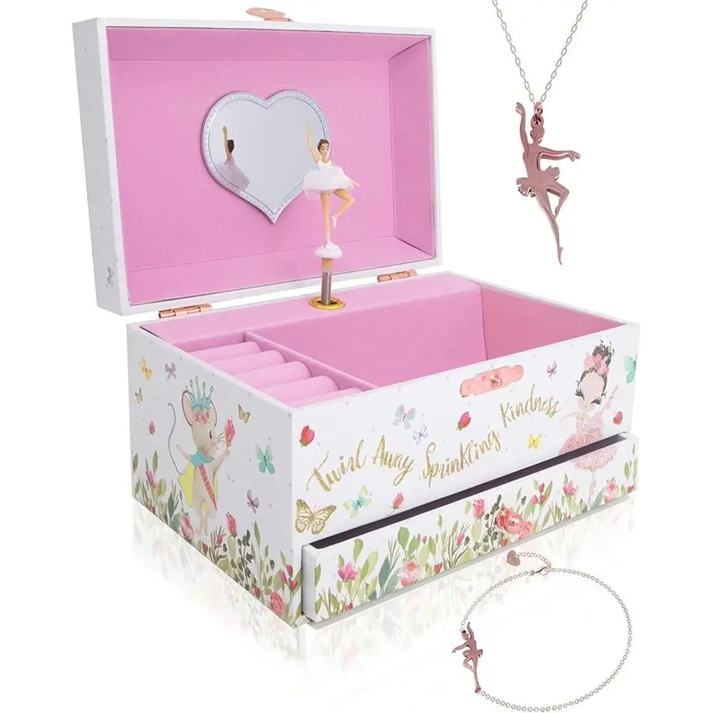 

Classic Melody Ballerina Jewelry Box with Storage, Age 6-12, MDF Wood, Fabric-lined Ring & Necklace Compartments