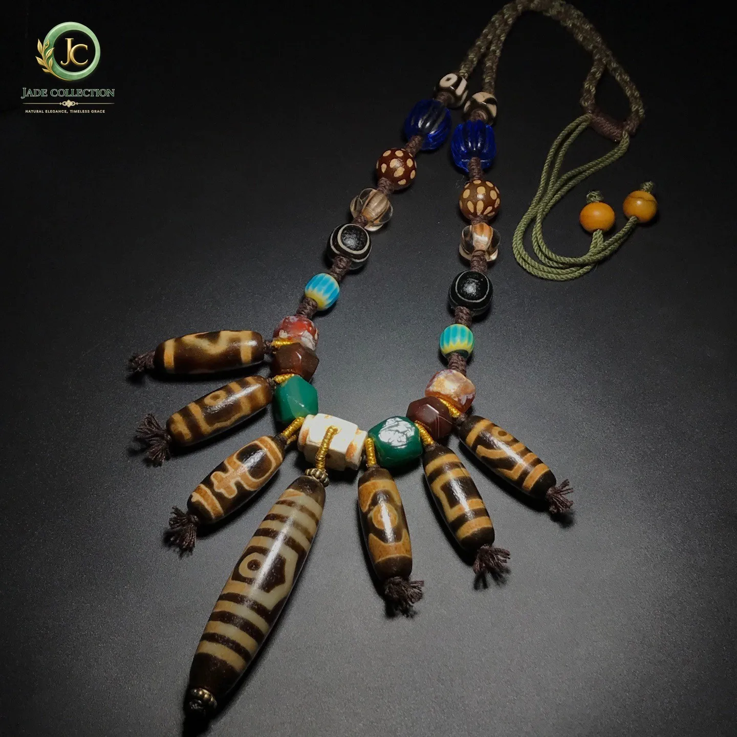 Unique Tibetan Old Agate Dzi *Multiple patterns 3 Eyes* Beads Necklace J0501