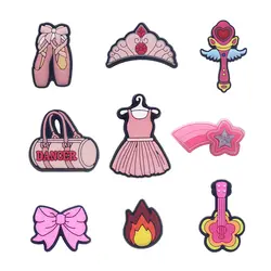 1 Pcs Original Ballet Dancer PVC Shoe Charms Accessories Pink Dance Shoe Dress Bow Meteor Guitar Sandal Upper Buckle Decorations