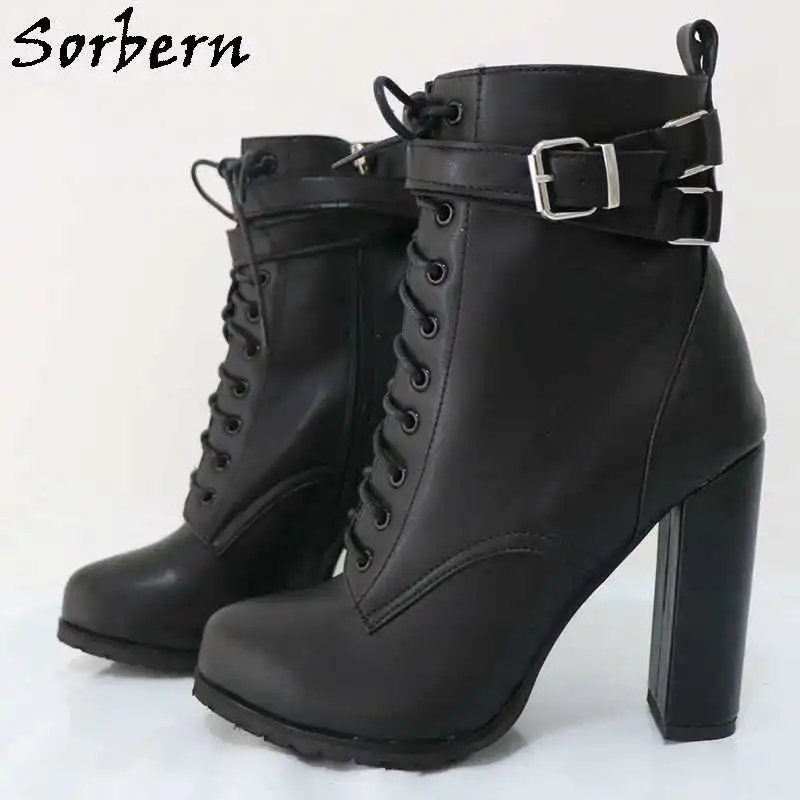 Sorbern Block High Heel Women Boots Ankle Straps Round Toe Hidden Platform Lace Up Shoes Chunky Heeled Short Booties Custom