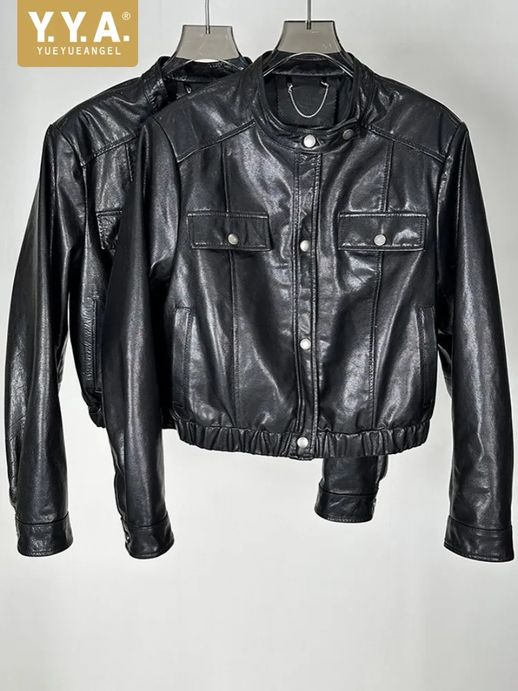 Leisure Long Sleeves Stand Collar Genuine Leather Jacket Ladies Solid Color Single-Breasted Coat Loose Pockets Cowhide Outwear