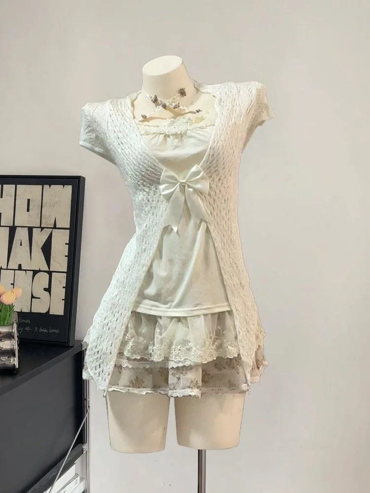 لوليتا الحلو أنيقة 2 قطعة مجموعات فساتين 2000s سليم قصيرة الأكمام صدرية مثير الدانتيل فستان بحزام Y2k Kawaii خمر الدعاوى شيك