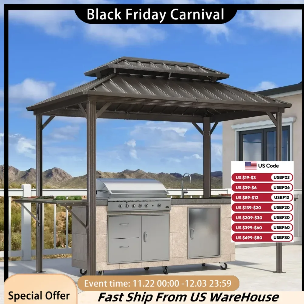 6'X 9 'hardtop Barbecue Pavilion for Terrace Permanent Metal Roof, with 2 Side Frames, Deck, Courtyard Tent, Aluminum