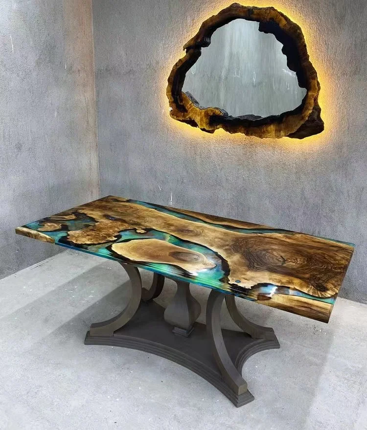 More Design Luxury Factory Direct Solid Walnut Wood Coffee Cafe Kitchen Restaurant River Epoxy Resin Slab Dining Table