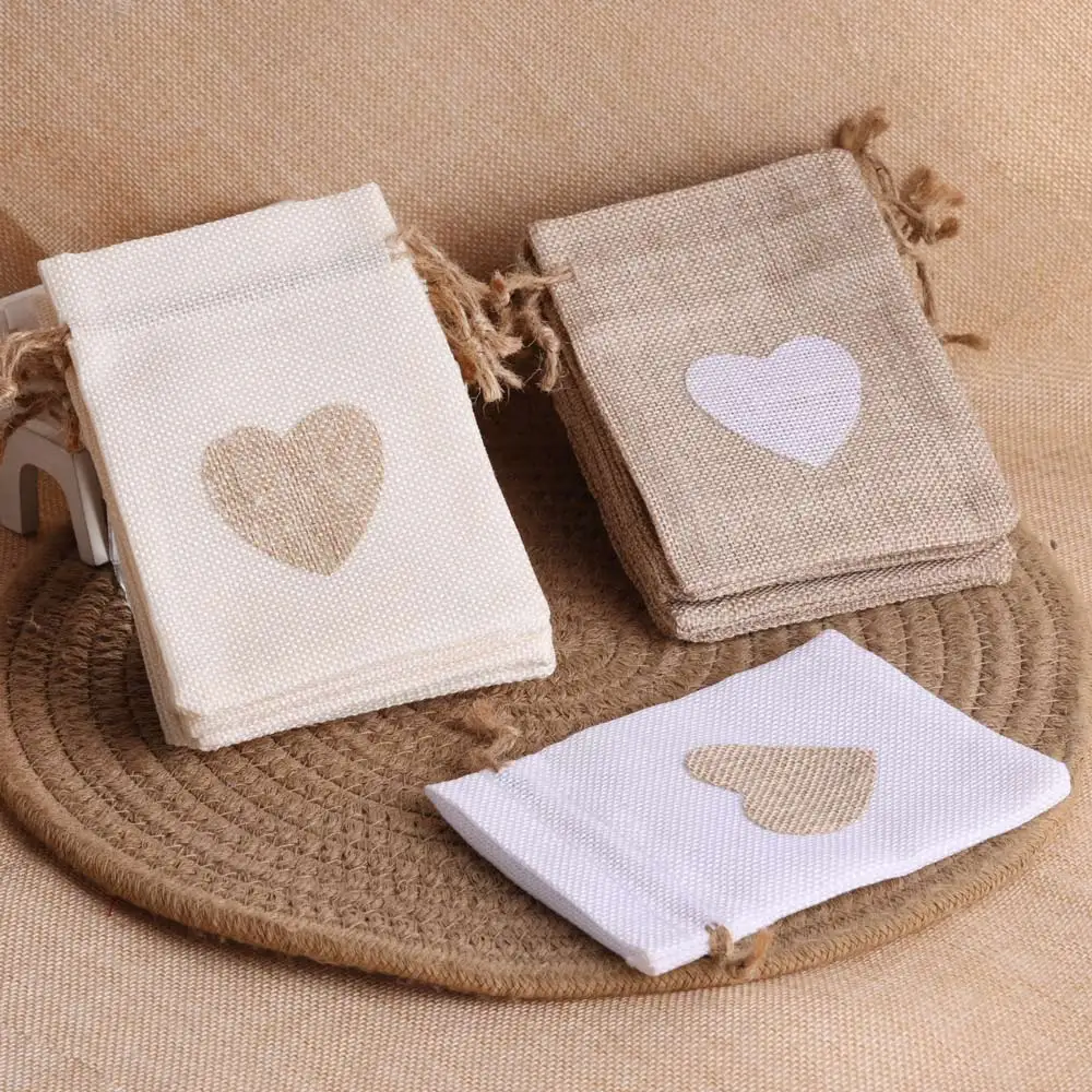 5pcs 8x10 10x14 13x18cm Heart Shape Print Linen Drawstring bags Small Jewelry Pouches Wedding Cotton Burlap Packaging Gift Bag