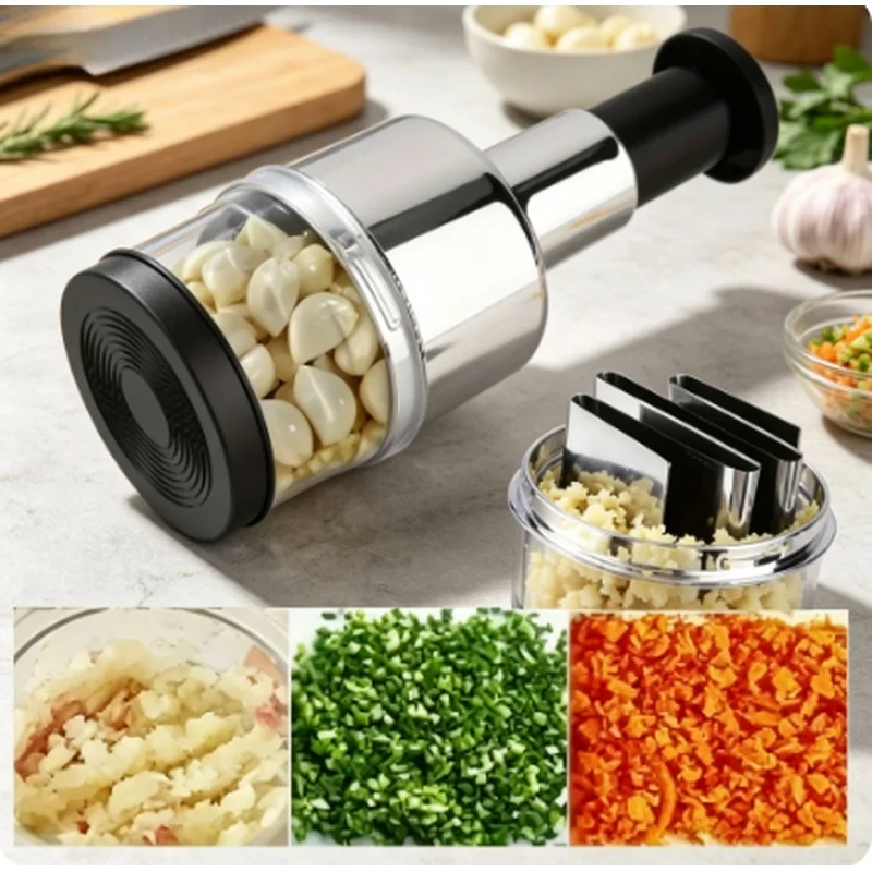 Vertical Hand Press Manual Garlic Vegetable Chopper With Storage Box