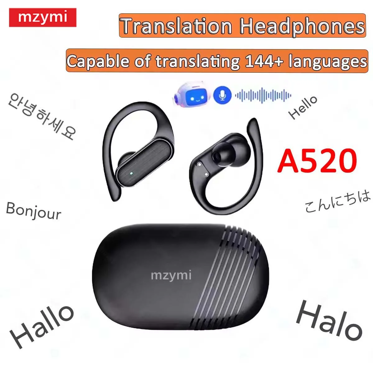 

Mzymi A520 Ear-Hook Earphone Wireless Bluetooth5.3 AI Translation Headphones Touch Control Real-time Headset for Android IOS