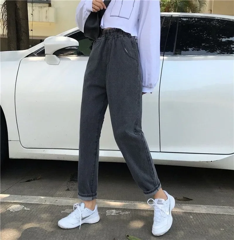 

Прямые джинсы женские полная длина с высокой эластичной резинкой на талии простые карманы студенческие повседневные универсальные женские брюки шикарные Ulzzang