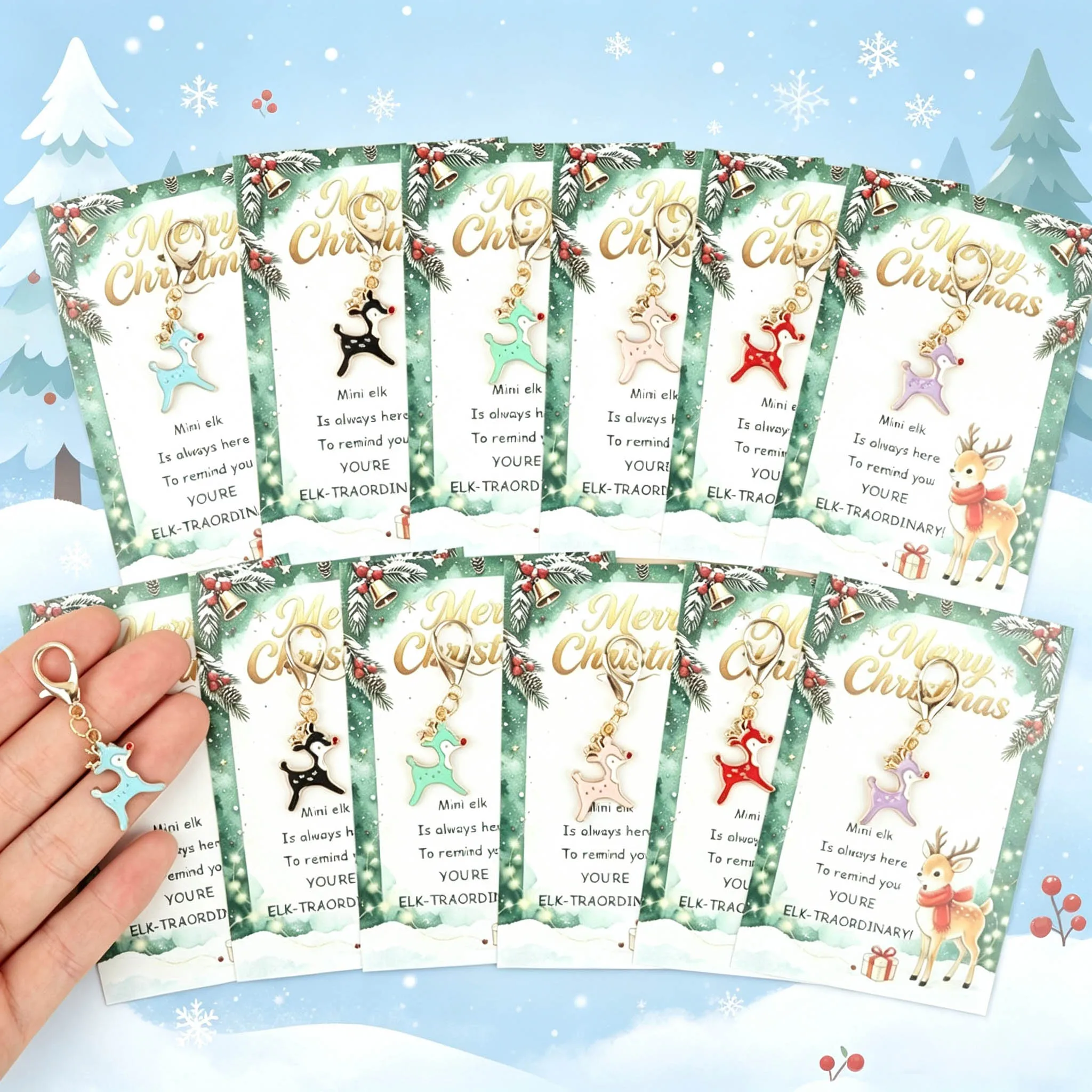 6 Pieces/12 Pieces Cartoon Reindeer Keychains, with a Merry Christmas Greeting Card, Ideal Gift for Friends, Family, Holiday Greeting Card, Blessing Gift.