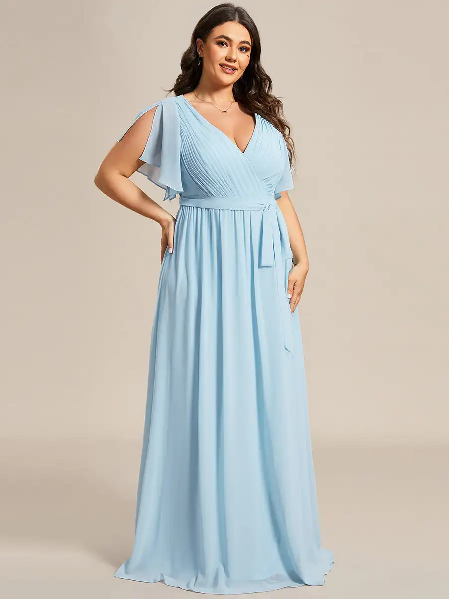 Plus Size Abendkleider lange tiefe V-Ausschnitt Rüschen Ärmel boden lang 2024 immer hübsch von Chiffon Himmelblau Abschluss ball Frauen Kleid