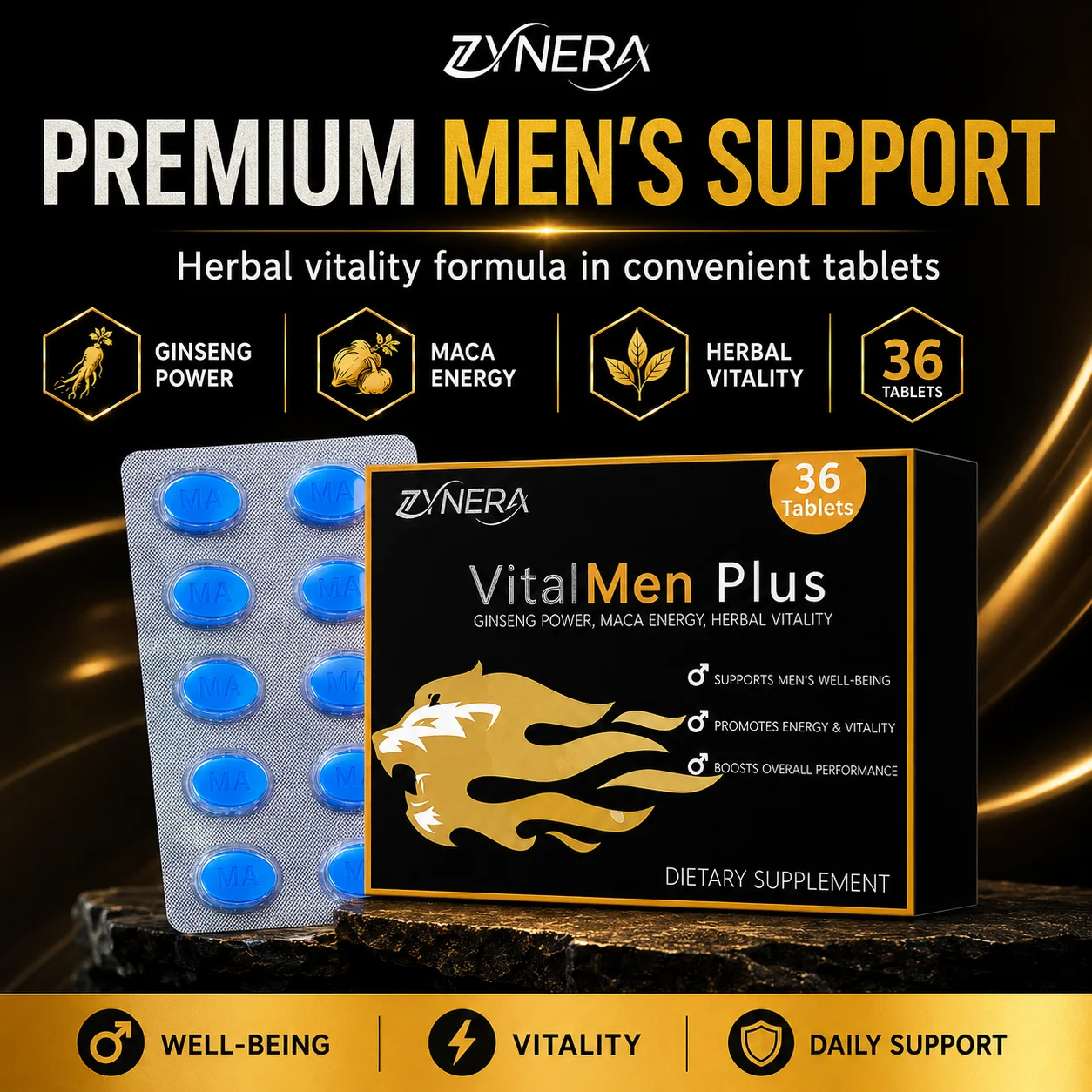 VitalMen Plus Male Support Supplement Ginseng Maca Herbal Energy Vitality Formula 36 Tablets Supports Men Stamina Perform