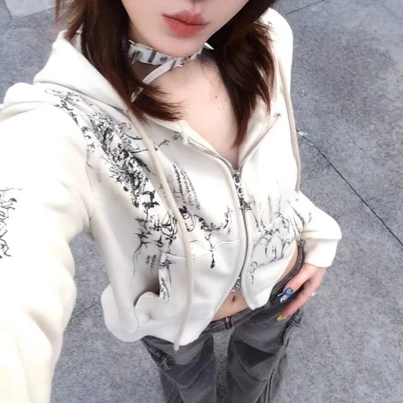 

Women Casual Printing Autumn Y2k Aesthetic Cropped Hoodies Double Zippers Harajuku Punk Sweatshirt Gothic Fairy Grunge Jackets