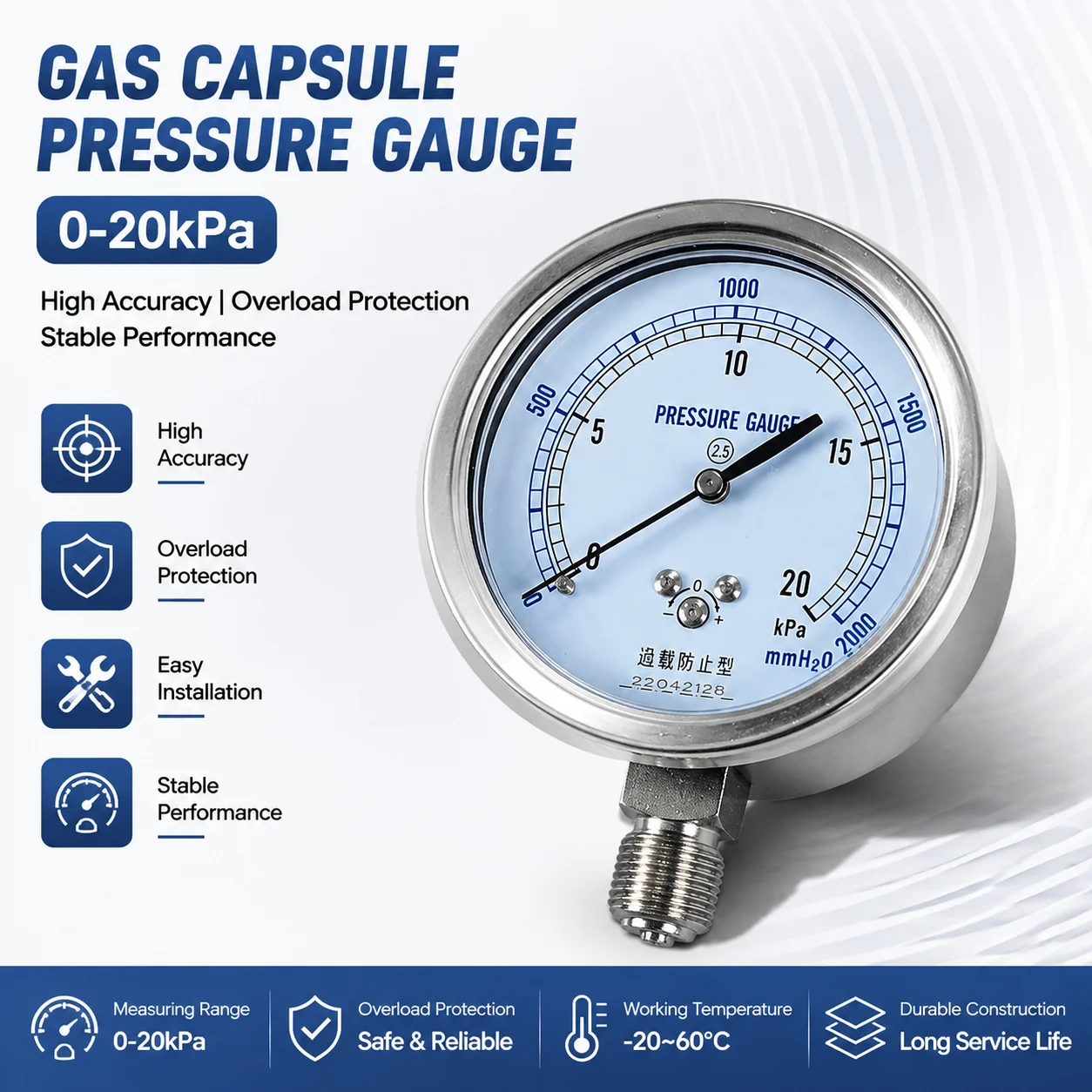 Brand New YE75 0-20kPa Gas Capsule Pressure Gauge Overload Protection For Gas Pipeline & Industrial Burner Pressure Monitoring C