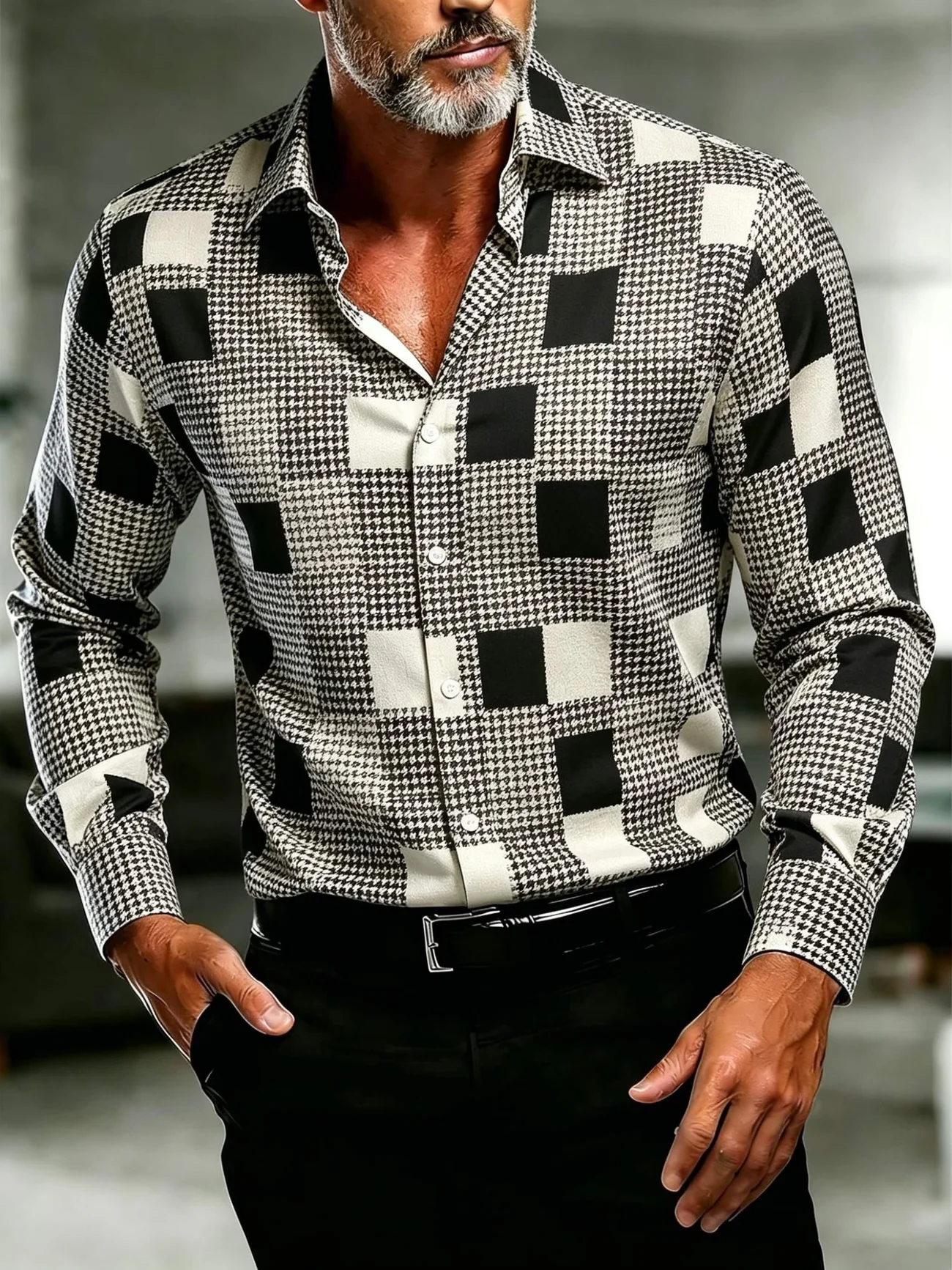 New Black Thousand Bird Grid Splicing Square Long Sleeve Shirt Classic Business Men's Commuting Casual Shirt