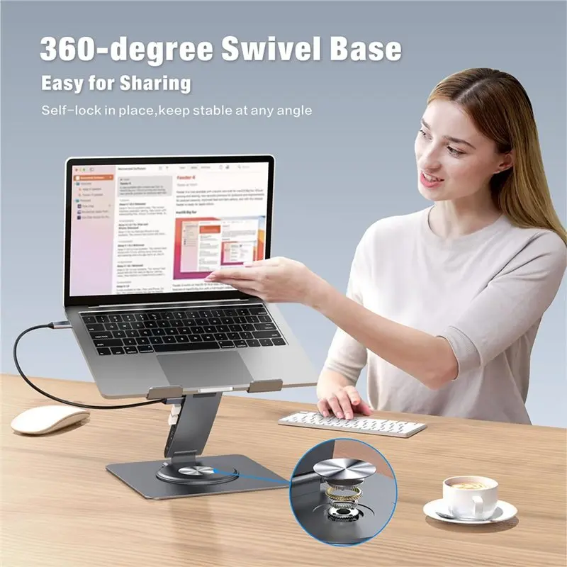 A42Z-9-In-1 Desk Laptop Stand With Docking Station, 360° Rotation 4K60hz, 3 USB3.0, 100W PD Charging For PC Laptop