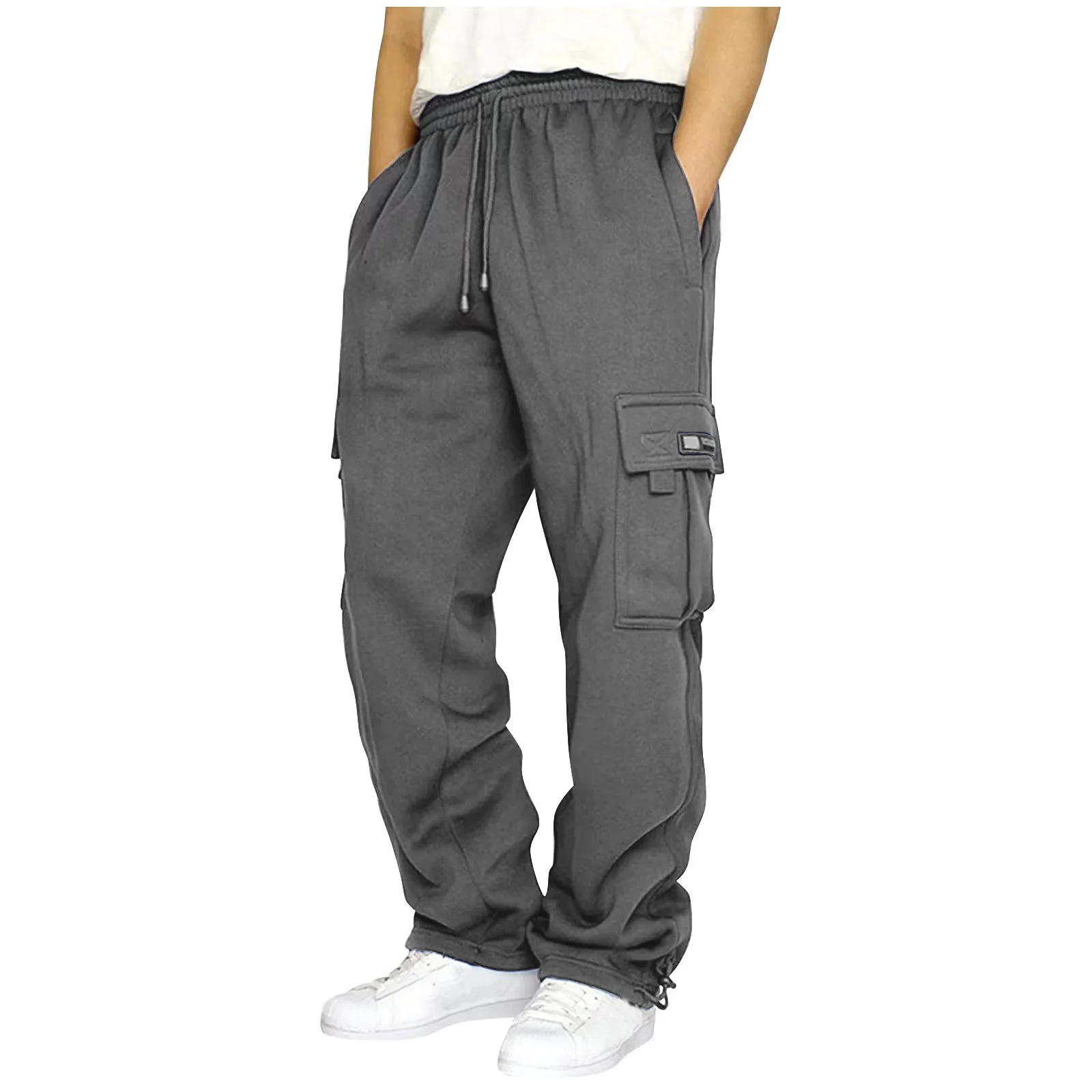 Spring Wool Sports Casual Pants Thick Men's Feet Multi-pocket Lanyard Loose Jogger Solid Color Overalls Men Out On The Street