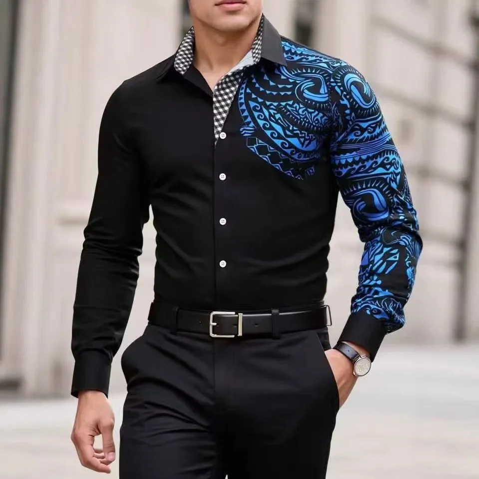 Men's Classic Simple Lapel Long Sleeve Shirt Button 3D Printed Plant Striped Slim Shirt Business Casual Top Suit Shirt