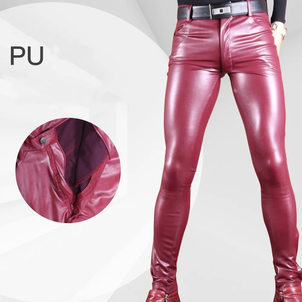 

PU leather men's motorcycle trousers, small straight leg boot pants, casual pants pantalon pu homme sexy pants men