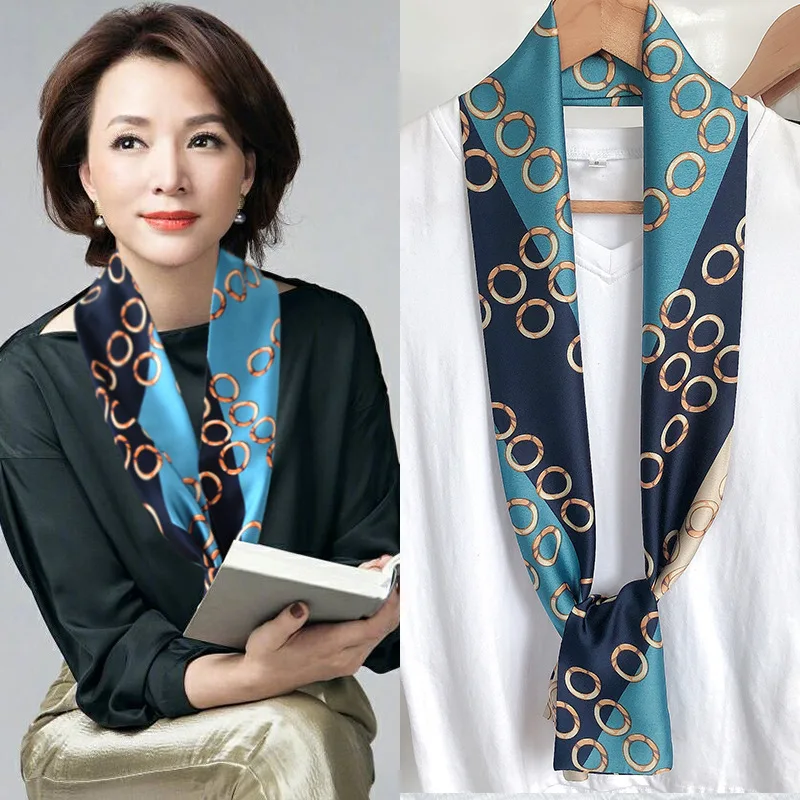 New Women Silk Striped Design Scarf Shawl Fashion Luxury White Long Narrow Small Silk Scarves Ladies Headband Headscarve