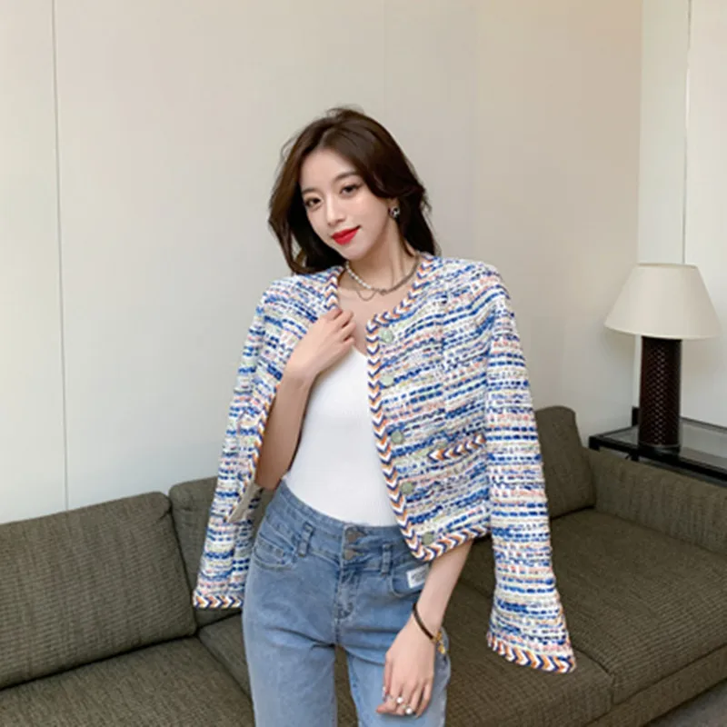 

High Quality Runway Tweed Woolen Jacket Coat 2022 New Autumn Women Elegant Single Breasted Color Weave Short Outerwear