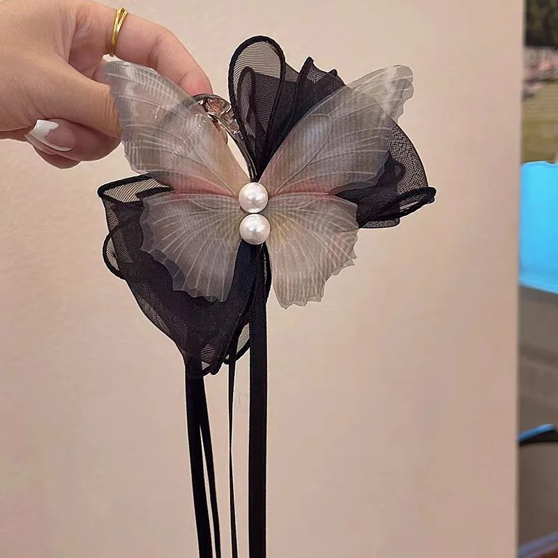 Mesh Butterfly Hair Clip for Woman Sweet Tassel Ribbon Shark Clip Cute Girl Back of The Head Hair Clamp